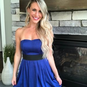 Blue Strapless Dress with Black Accent
